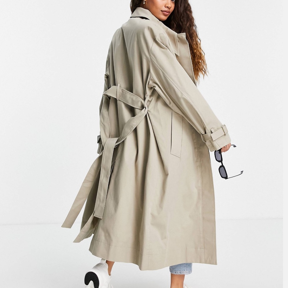 ASOS Design Longline Trench Coat In Stone Size 8